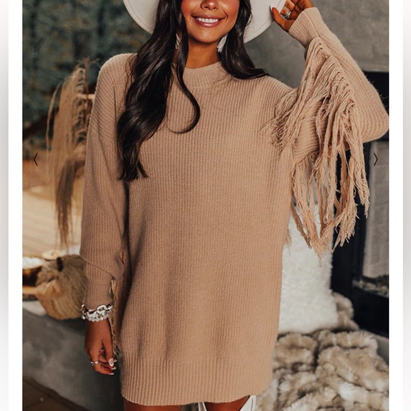 Fringe Sweater Dress in Iced Latte - Picture 2 of 6